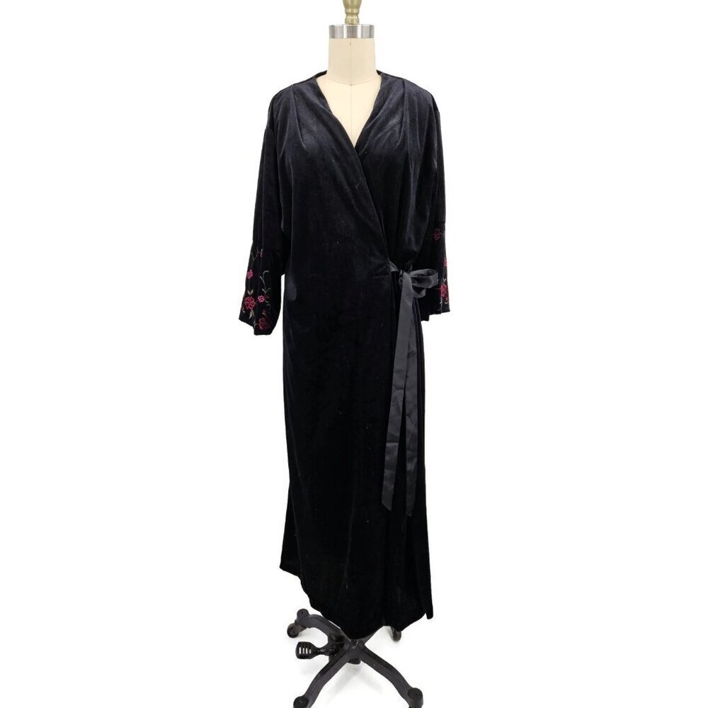 Oscar de la Renta Pink Label Black Velvet Robe Womens S Floral Embroidered